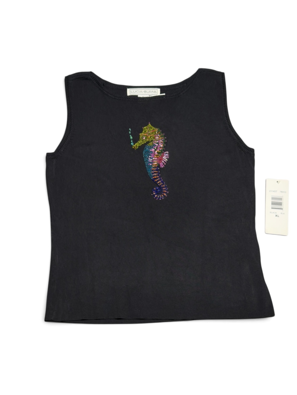 Vintage Y2K Lucia Burns Black Sleeveless Top with Beaded Seahorse XL